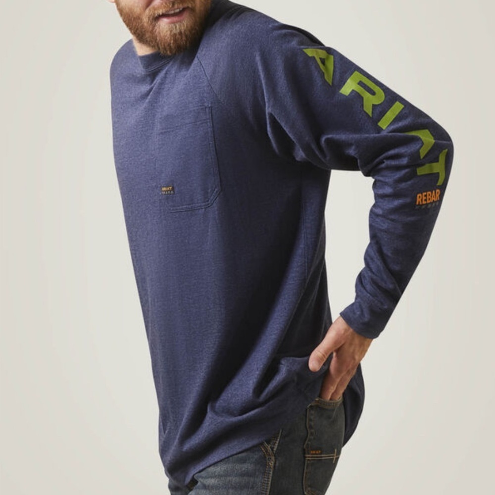 Ariat Rebar Cotton Strong logo sleeve, pen pocket, crew neck,extended hem